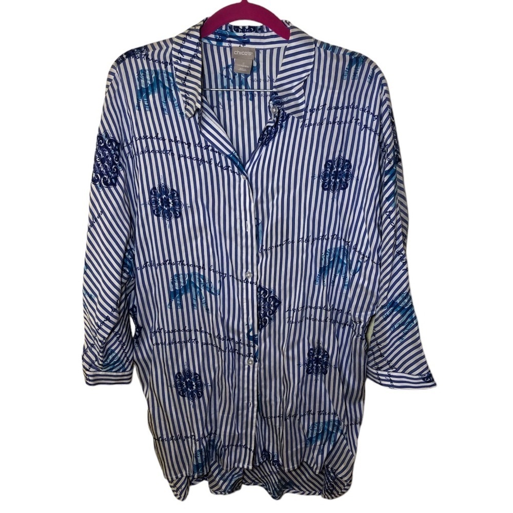 Chico's Striped travel theme button up Tunic top size 2 12/14